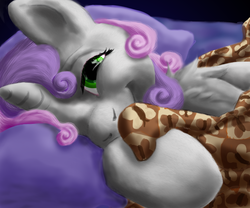 Size: 1200x1000 | Tagged: safe, artist:captainggkitten, sweetie belle, pony, g4, bed, chest fluff, cute, female, fluffy, looking at you, on side, sleepy, sleepy belle, smiling, solo