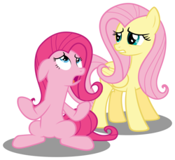 Size: 6004x5476 | Tagged: safe, artist:austiniousi, fluttershy, pinkie pie, earth pony, pegasus, pony, g4, absurd resolution, alternate hairstyle, duo, duo female, female, floppy ears, mare, open mouth, simple background, transparent background, vector