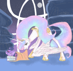 Size: 982x967 | Tagged: safe, artist:banananamilk, princess celestia, twilight sparkle, g4, book, female, lesbian, ship:twilestia, shipping, sleeping