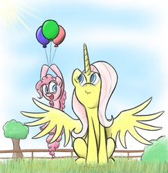 Size: 893x918 | Tagged: safe, artist:whyte-shadow-neko, fluttershy, pinkie pie, alicorn, pony, g4, alicornified, balloon, fluttercorn, race swap