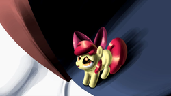 Size: 1280x720 | Tagged: safe, artist:deerhooves, apple bloom, earth pony, pony, g4, door, female, filly, looking up, scared, solo