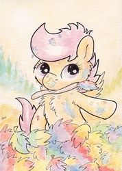 Size: 734x1032 | Tagged: safe, artist:slightlyshade, scootaloo, pony, g4, female, leaves, paint, paint on fur, paintbrush, solo, traditional art