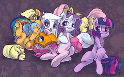 Size: 1000x625 | Tagged: safe, artist:atryl, applejack, fluttershy, pinkie pie, rainbow dash, rarity, twilight sparkle, earth pony, pegasus, pony, unicorn, g4, butt, butt touch, female, hoof on butt, hooves, lying down, mane six, mare, nightmare night, on back, on side, plot, pony pile, unicorn twilight