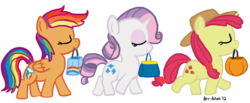 Size: 900x370 | Tagged: safe, artist:aa, apple bloom, scootaloo, sweetie belle, earth pony, pegasus, pony, unicorn, g4, alternate hairstyle, cutie mark crusaders, female, filly, foal, hair dye, hat, nightmare night, rarity hair, simple background, transparent background
