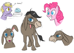 Size: 2100x1500 | Tagged: safe, artist:dawnmistpony, cranky doodle donkey, derpy hooves, dinky hooves, pinkie pie, donkey, earth pony, pony, unicorn, g4, simple background, white background