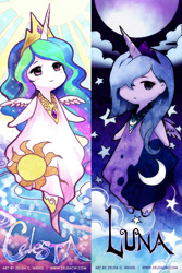 Size: 800x1201 | Tagged: safe, artist:zeldacw, princess celestia, princess luna, human, g4, bookmark, chibi, horn, horned humanization, humanized, merchandise, winged humanization