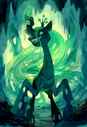 Size: 684x1000 | Tagged: dead source, safe, artist:purplekecleon, queen chrysalis, changeling, changeling queen, g4, cave, crown, female, glowing horn, horn, jewelry, open mouth, open smile, regalia, slasher smile, smiling, solo