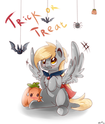 Size: 1500x1765 | Tagged: safe, artist:tomat-in-cup, derpy hooves, bat, pegasus, pony, spider, g4, chest fluff, female, halloween, holiday, jack-o-lantern, mare, pumpkin, signature, simple background, spread wings, white background, wings