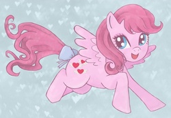 Size: 500x346 | Tagged: safe, artist:shubasami, heart throb, pegasus, pony, g1, g4, bow, female, flying, g1 to g4, generation leap, light blue background, mare, simple background, solo, spread wings, tail, tail bow, wings