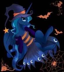 Size: 1978x2236 | Tagged: safe, artist:azurainalis, princess luna, bat, g4, clothes, costume, female, solo, spider web, witch