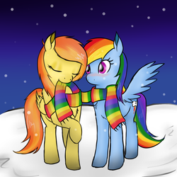 Size: 800x800 | Tagged: safe, artist:spittfireart, rainbow dash, spitfire, pegasus, pony, g4, alternate hairstyle, blushing, chest fluff, clothes, duo, female, lesbian, scarf, shared clothing, shared scarf, ship:spitdash, shipping