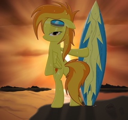 Size: 1425x1333 | Tagged: safe, artist:spitshy, spitfire, pegasus, pony, g4, alternate hairstyle, beach, bipedal, butt, female, goggles, plot, solo, stupid sexy spitfire, surfboard, wet, wet mane