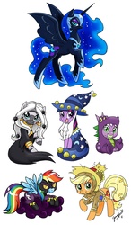 Size: 2393x4103 | Tagged: safe, artist:chibi-jen-hen, applejack, nightmare moon, rainbow dash, spike, twilight sparkle, zecora, alicorn, dragon, earth pony, pegasus, pony, zebra, g4, clothes, costume, dragon costume, dragonception, nightmare night, nightmare night costume