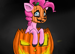 Size: 862x616 | Tagged: safe, artist:colorlesscupcake, pinkie pie, earth pony, pony, g4, female, halloween, holiday, jack-o-lantern, pumpkin, solo