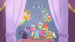 Size: 640x360 | Tagged: safe, screencap, applejack, fluttershy, pinkie pie, rainbow dash, twilight sparkle, earth pony, pegasus, pony, unicorn, g4, my little pony: friendship is magic, suited for success, balloon, constellation dress, female, mare, rarity logo, unicorn twilight, youtube caption