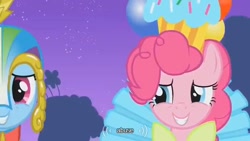 Size: 640x360 | Tagged: safe, screencap, pinkie pie, rainbow dash, earth pony, pegasus, g4, my little pony: friendship is magic, suited for success, youtube caption