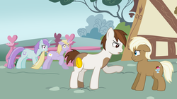 Size: 2163x1210 | Tagged: safe, artist:ludiculouspegasus, dinky hooves, lickety split, liza doolots, petunia, pipsqueak, tootsie flute, g4, older, tail bite