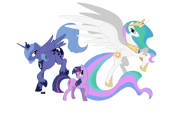 Size: 1451x985 | Tagged: dead source, safe, artist:lichfang, princess celestia, princess luna, twilight sparkle, alicorn, pony, unicorn, g4, s1 luna, simple background, transparent background, unicorn twilight, vector