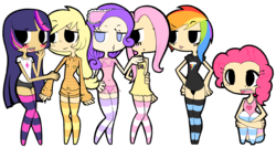 Size: 1330x712 | Tagged: safe, artist:black-jenny, applejack, fluttershy, pinkie pie, rainbow dash, rarity, twilight sparkle, human, g4, applejack's cutie mark, belly button, blushing, bra, clothes, cutie mark, fluttershy's cutie mark, heart, humanized, line-up, mane six, nightgown, pajamas, panties, pinkie pie's cutie mark, rainbow dash's cutie mark, rarity's cutie mark, see-through, simple background, socks, striped socks, transparent background, twilight sparkle's cutie mark, underwear, zettai ryouiki