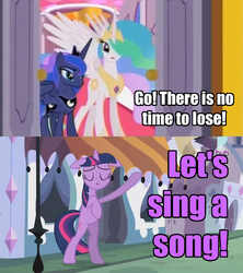 Size: 500x562 | Tagged: safe, edit, edited screencap, screencap, princess celestia, princess luna, twilight sparkle, g4, the crystal empire, bipedal, comic, eyes closed, priorities, skewed priorities, song, the failure song