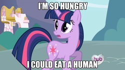 Size: 500x281 | Tagged: safe, screencap, twilight sparkle, human, pony, unicorn, g4, my little pony: friendship is magic, the ticket master, female, horn, idiom, image macro, mare, stomach growl, unicorn twilight