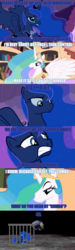 Size: 500x1661 | Tagged: safe, edit, edited screencap, screencap, princess celestia, princess luna, a bird in the hoof, g4, lesson zero, luna eclipsed, my little pony: friendship is magic, cage, comic, lowres, moon, screencap comic