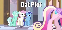 Size: 500x244 | Tagged: safe, edit, edited screencap, screencap, lyra heartstrings, minuette, queen chrysalis, twinkleshine, pony, unicorn, a canterlot wedding, g4, bedroom eyes, butt, dat ass, fake cadance, female, hub logo, image macro, mare, meme, plot