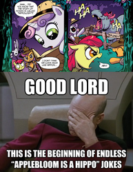 Size: 300x388 | Tagged: safe, apple bloom, scootaloo, sweetie belle, hippopotamus, g4, comic, cutie mark crusaders, facepalm, image macro, jean-luc picard