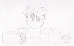 Size: 1328x829 | Tagged: safe, derpy hooves, pegasus, pony, g4, drawfriend, female, mare, milk, monochrome, sketch, solo