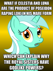 Size: 625x833 | Tagged: safe, lyra heartstrings, pony, g4, conspiracy lyra, exploitable meme, female, image macro, meme, solo