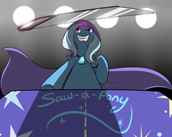 Size: 2500x2000 | Tagged: safe, artist:theparagon, trixie, g4, box, box sawing trick, crosscut saw, grin, magic trick, saw, shadow, solo, this will end in death