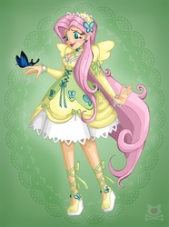 Size: 745x1000 | Tagged: safe, artist:lillykitten, fluttershy, human, g4, cleavage, clothes, dress, female, gala dress, humanized, solo
