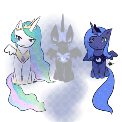 Size: 1000x1000 | Tagged: safe, artist:sandwhisper, nightmare moon, princess celestia, princess luna, alicorn, pony, g4, crown, female, jewelry, mare, regalia, simple background, transparent background, trio, trio female