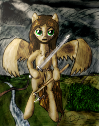 Size: 1024x1297 | Tagged: safe, artist:ksopies, oc, oc only, axe, colored, self ponification, sword, traditional art