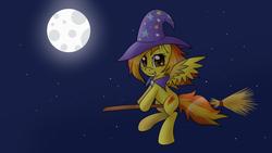 Size: 3813x2145 | Tagged: dead source, safe, artist:php92, spitfire, pony, g4, broom, female, flying, flying broomstick, full moon, looking back, moon, night, night sky, smiling, solo, spread wings, stars, trixie's hat