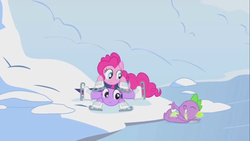 Size: 1366x768 | Tagged: safe, screencap, pinkie pie, spike, twilight sparkle, g4, my little pony: friendship is magic, season 1, winter wrap up, ice skating