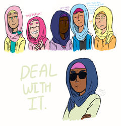 Size: 1253x1303 | Tagged: artist needed, safe, applejack, fluttershy, pinkie pie, rainbow dash, rarity, human, g4, dark skin, deal with it, hijab, humanized, islam, islamashy, mane six, sunglasses