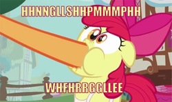 Size: 554x327 | Tagged: safe, edit, edited screencap, screencap, apple bloom, applejack, earth pony, pony, call of the cutie, g4, caption, female, filly, hoof in mouth, hoofjack, image macro, mare, out of context, wide eyes