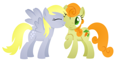 Size: 6000x3000 | Tagged: safe, artist:the smiling pony, carrot top, derpy hooves, golden harvest, earth pony, pegasus, pony, g4, .svg available, colored pupils, cute, cutie top, eyes closed, female, lesbian, mare, nuzzling, one eye closed, ship:derpytop, shipping, simple background, transparent background, vector