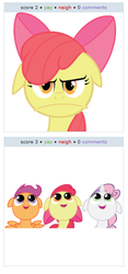 Size: 269x575 | Tagged: safe, apple bloom, scootaloo, sweetie belle, g4, apple bloom is not amused, exploitable meme, juxtaposition, juxtaposition win, meta