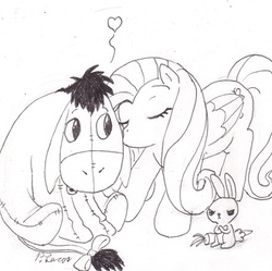 Size: 442x441 | Tagged: safe, angel bunny, fluttershy, pegasus, pony, g4, carrot, crossed arms, eeyore, eeyoreshy, female, food, heart, kissing, male, mare, pencil drawing, shipping, signature, straight, traditional art