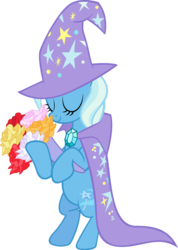 Size: 2850x4000 | Tagged: safe, artist:spaceponies, trixie, pony, unicorn, g4, bipedal, bouquet, cape, clothes, eyes closed, female, flower, hat, high res, mare, simple background, smiling, solo, transparent background, trixie's cape, trixie's hat, vector