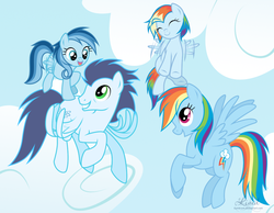 Size: 1155x897 | Tagged: dead source, safe, artist:kumkrum, rainbow dash, soarin', oc, oc:ragtag, oc:shooting star, g4, cute, family, female, filly, flying, male, momma dash, offspring, parent:rainbow dash, parent:soarin', parents:soarindash, ship:soarindash, shipping, straight