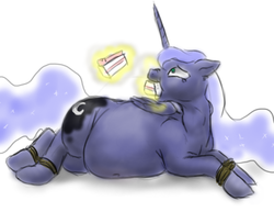 Size: 956x737 | Tagged: safe, artist:defenceless, princess luna, belly, bondage, cake, fat, food, force feeding, princess moonpig, story in the source, stuffing, weight gain