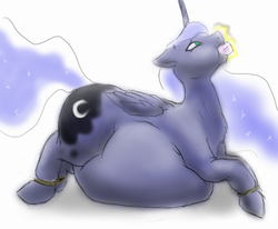 Size: 652x536 | Tagged: safe, artist:defenceless, princess luna, g4, belly, bondage, cake, fat, food, force feeding, story in the source, stuffing, weight gain