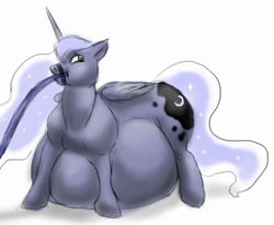 Size: 641x527 | Tagged: safe, artist:redintravenous, princess luna, g4, belly, bondage, fat, feeding tube, force feeding, hose, inflation, story in the source, stuffing, weight gain