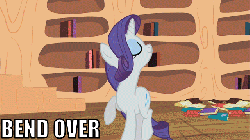 Size: 640x360 | Tagged: safe, edit, edited screencap, screencap, rarity, pony, unicorn, g4, secret of my excess, animated, bedroom eyes, bend over, female, image macro, it's magnificent, love face, solo