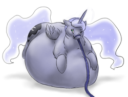Size: 926x700 | Tagged: safe, artist:redintravenous, princess luna, g4, belly, bondage, butt, fat, feeding tube, force feeding, hose, moonbutt, morbidly obese, obese, plot, roll, story in the source, stuffing, weight gain
