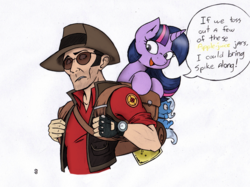 Size: 804x600 | Tagged: safe, artist:joey darkmeat, trixie, twilight sparkle, human, g4, colored, crossover, frown, jar, jarate, open mouth, pee in container, plushie, sketch, smiling, sniper, sniper (tf2), team fortress 2, urine, wide eyes