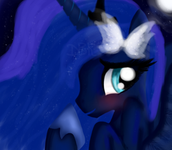 Size: 900x780 | Tagged: safe, artist:destinyblackkitty, princess luna, pony, g4, blushing, bow, female, solo